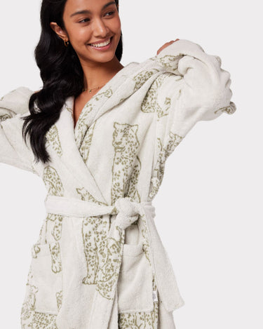 Towelling Cream Leopard Print Dressing Gown